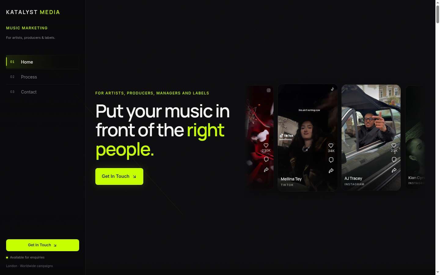 Katalyst Media homepage, with the headline about putting music in front of the right people.