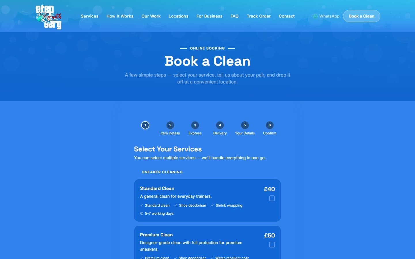 StepWithSerg booking page, on the step for choosing a service.