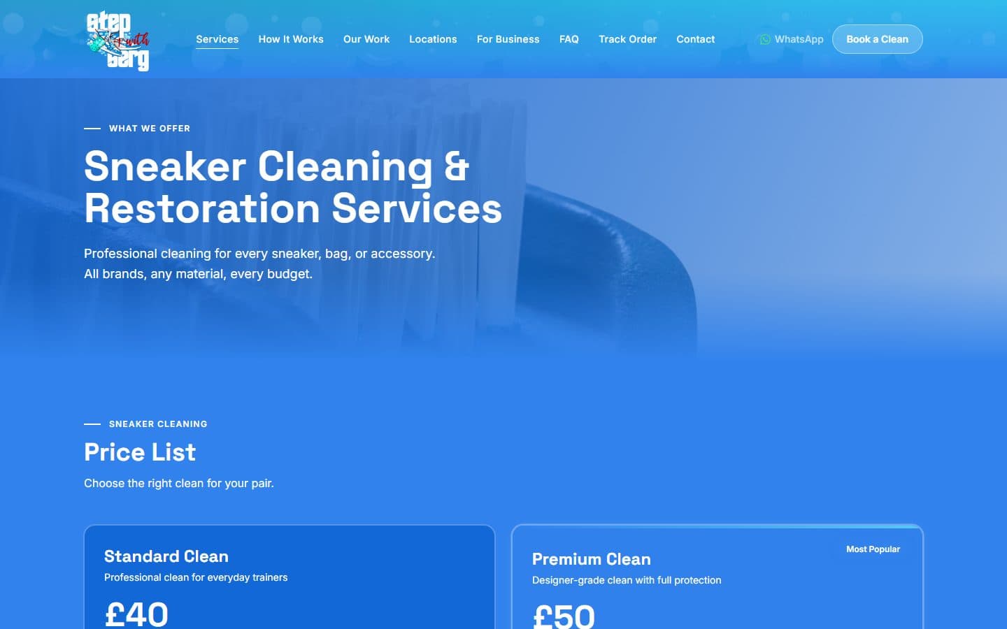 StepWithSerg services page with the cleaning price list.