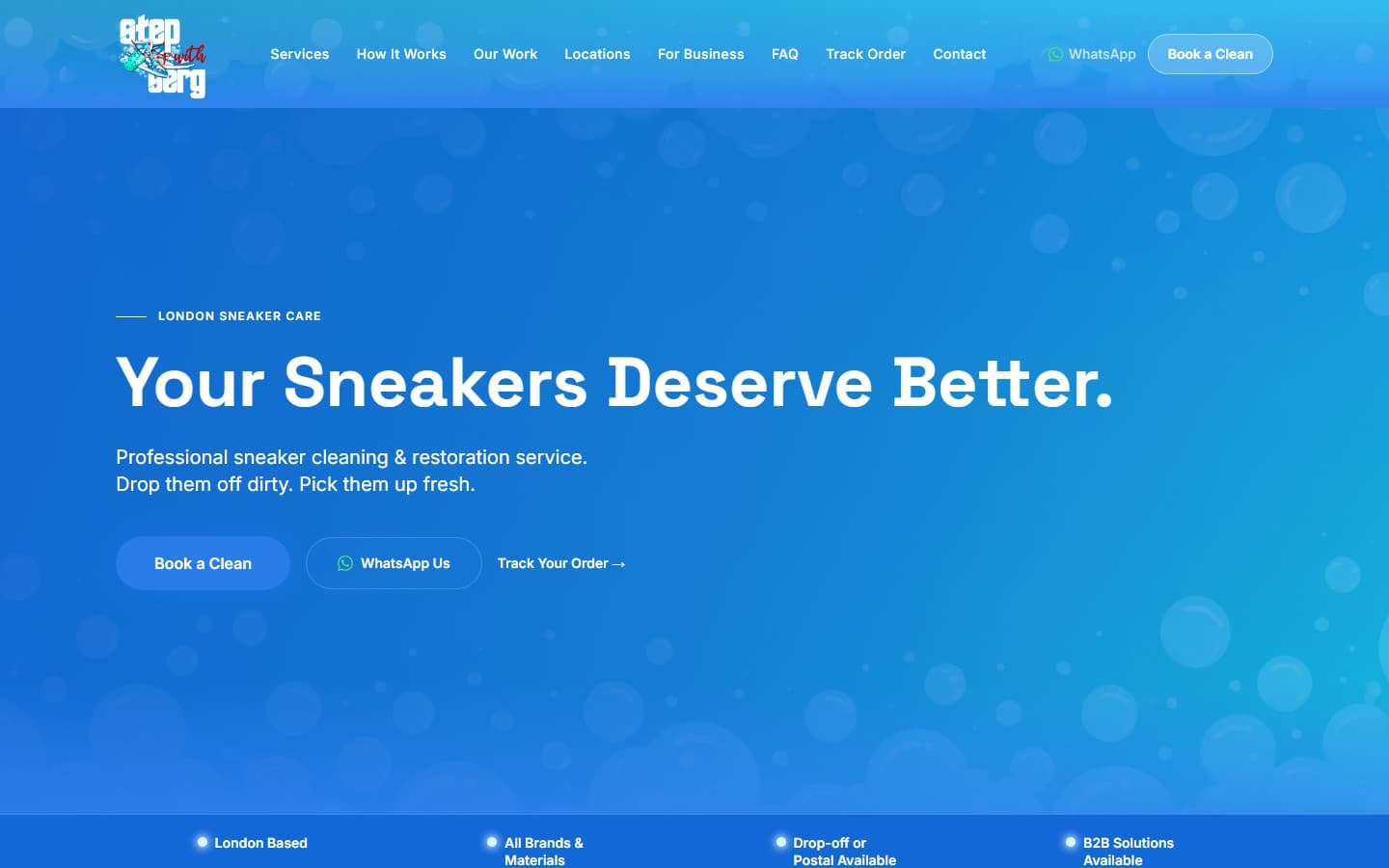StepWithSerg homepage for a sneaker cleaning service.