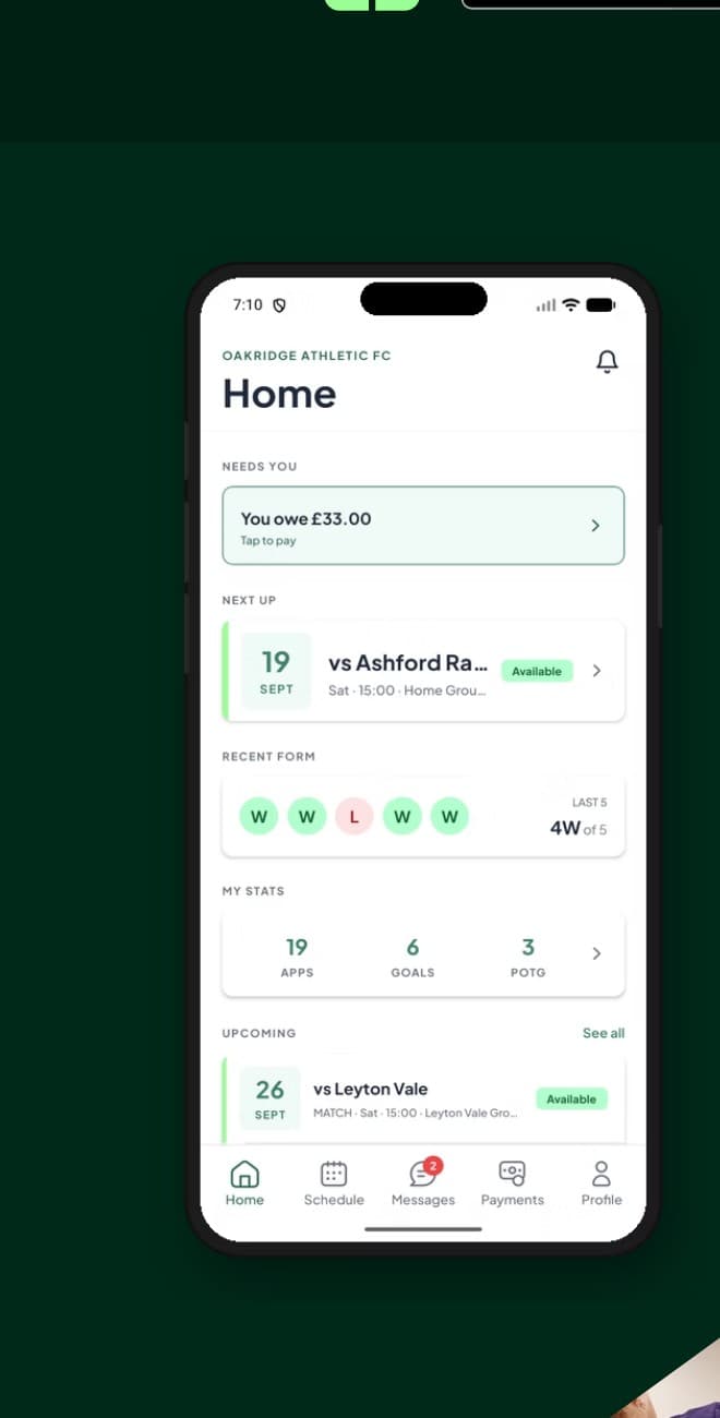 The TactiqClub app on a phone, showing a club home screen with fixtures and payments.