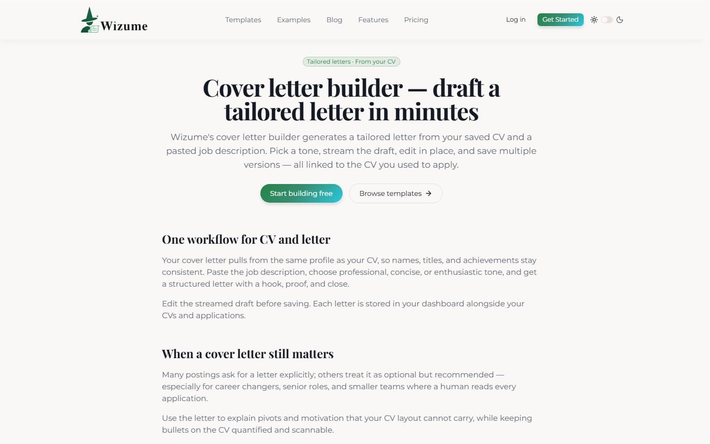Wizume page explaining the cover letter builder.