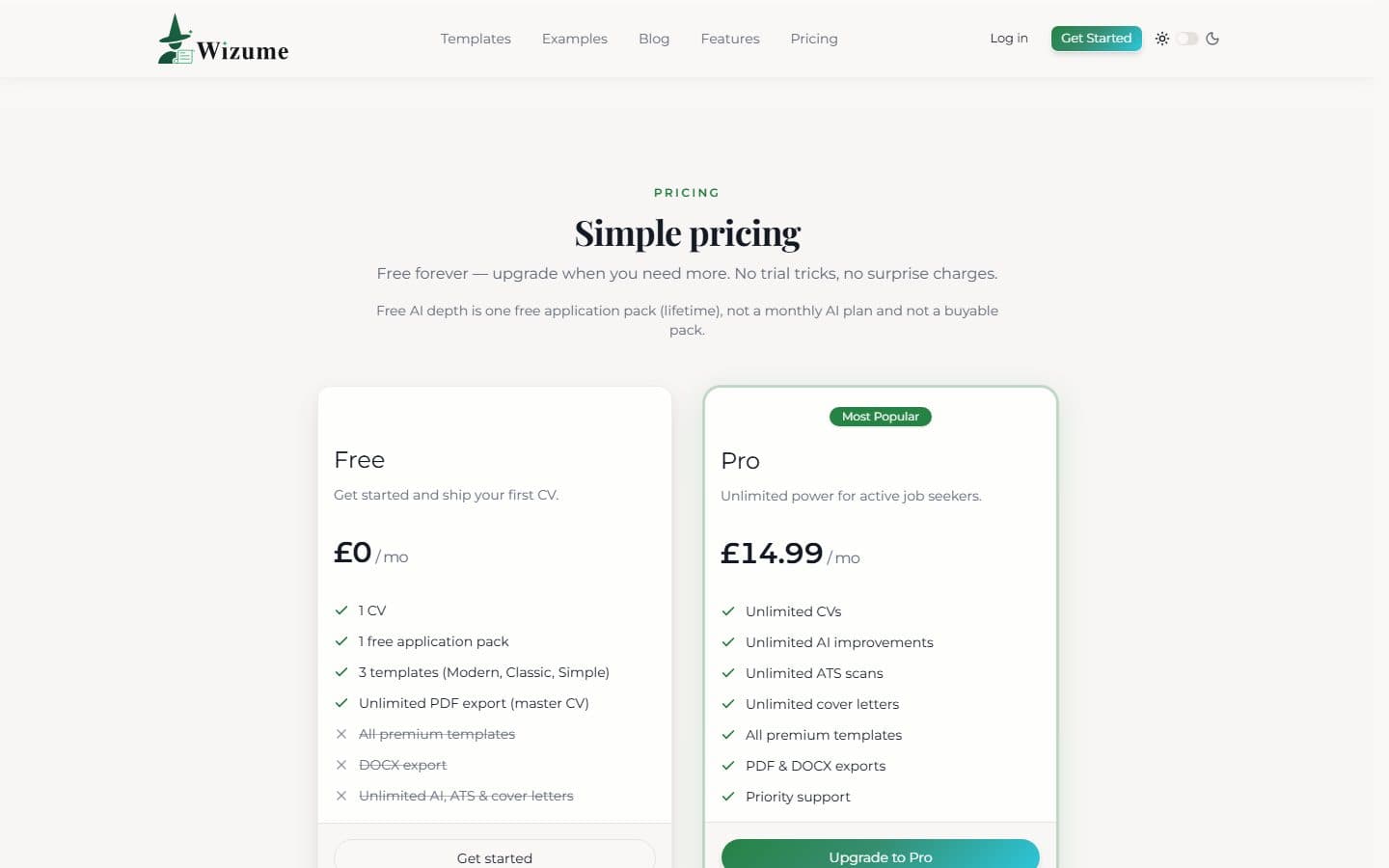 Wizume pricing page with a free plan and a paid plan.