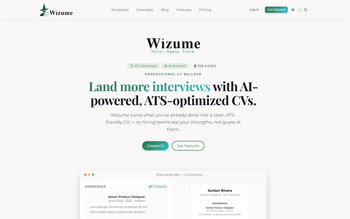 Wizume homepage, with the CV builder preview below the headline.